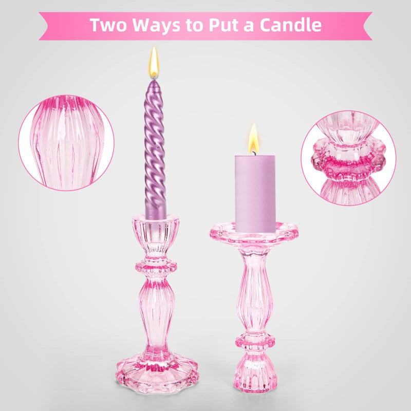 SHOWLOUE Glass Candle Holders  2Pcs Decorative Candle Stand Wide Base Candlestick Holder Table Centerpiece Decor For Wedding Festival Party Windowsill  Pink - Image 3
