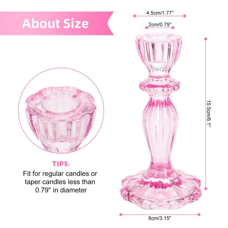 SHOWLOUE Glass Candle Holders  2Pcs Decorative Candle Stand Wide Base Candlestick Holder Table Centerpiece Decor For Wedding Festival Party Windowsill  Pink - Image 2