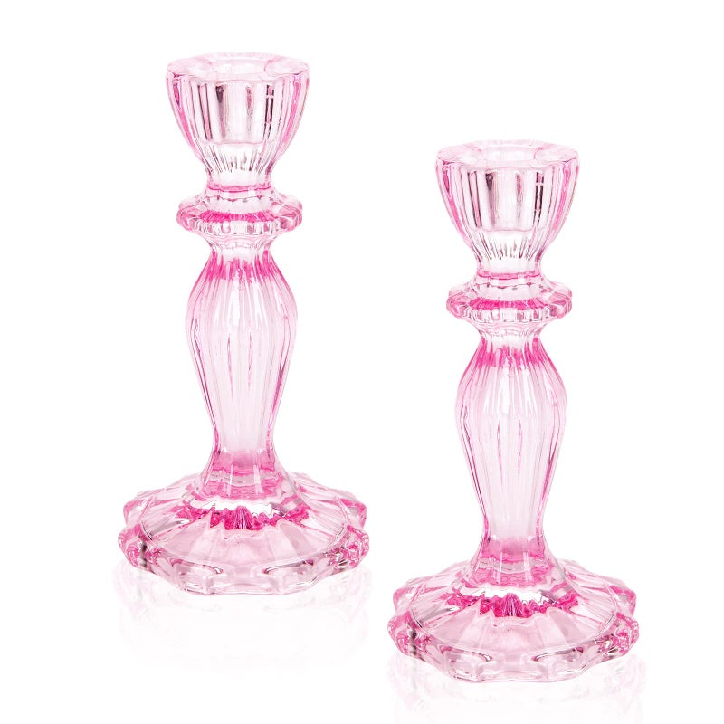 SHOWLOUE Glass Candle Holders  2Pcs Decorative Candle Stand Wide Base Candlestick Holder Table Centerpiece Decor For Wedding Festival Party Windowsill  Pink - Image 1