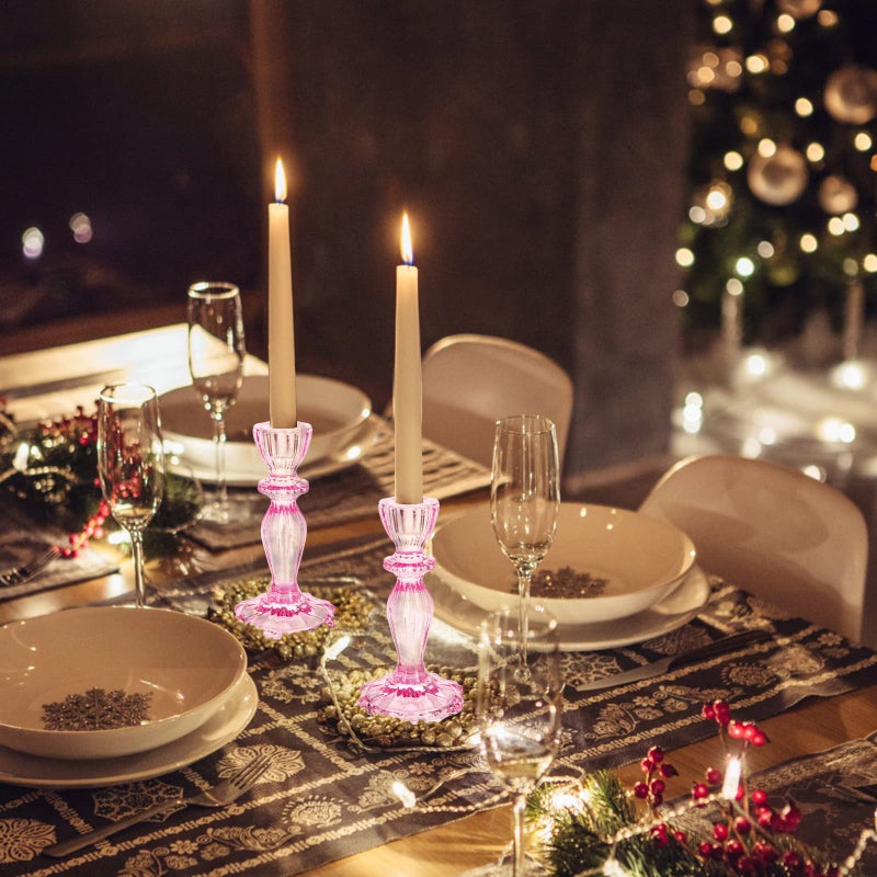 SHOWLOUE Glass Candle Holders  2Pcs Decorative Candle Stand Wide Base Candlestick Holder Table Centerpiece Decor For Wedding Festival Party Windowsill  Pink - Image 5