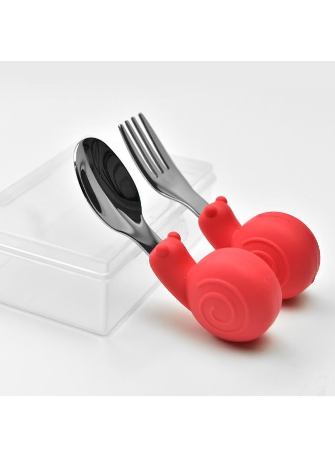 Hippo Baby Baby Learning To Eat Training Fork Spoon Short Handle Stainless Steel Tableware Children's Silicone Complementary Food Complementary Food Fork Spoon 