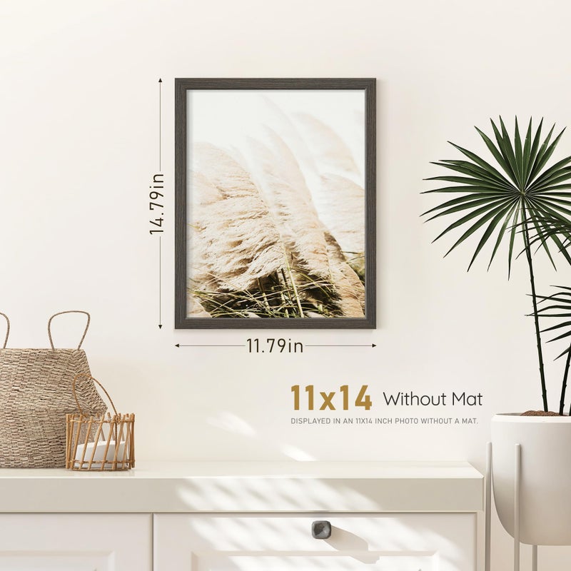 Fisnish 11x14 Picture Frame, Solid Wooden Picture Frames, Display 11x14 Photos without Mat, Horizontal or Vertical Wall Mounting, Smoked Wood Grain, 1 Pack - Image 3