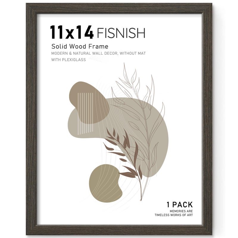 Fisnish 11x14 Picture Frame, Solid Wooden Picture Frames, Display 11x14 Photos without Mat, Horizontal or Vertical Wall Mounting, Smoked Wood Grain, 1 Pack - Image 1