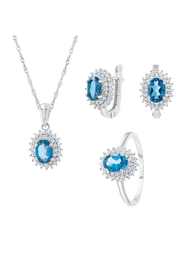 Genuine Blue Topaz & Zirconia Silver Set Ring, Pendant & Earrings