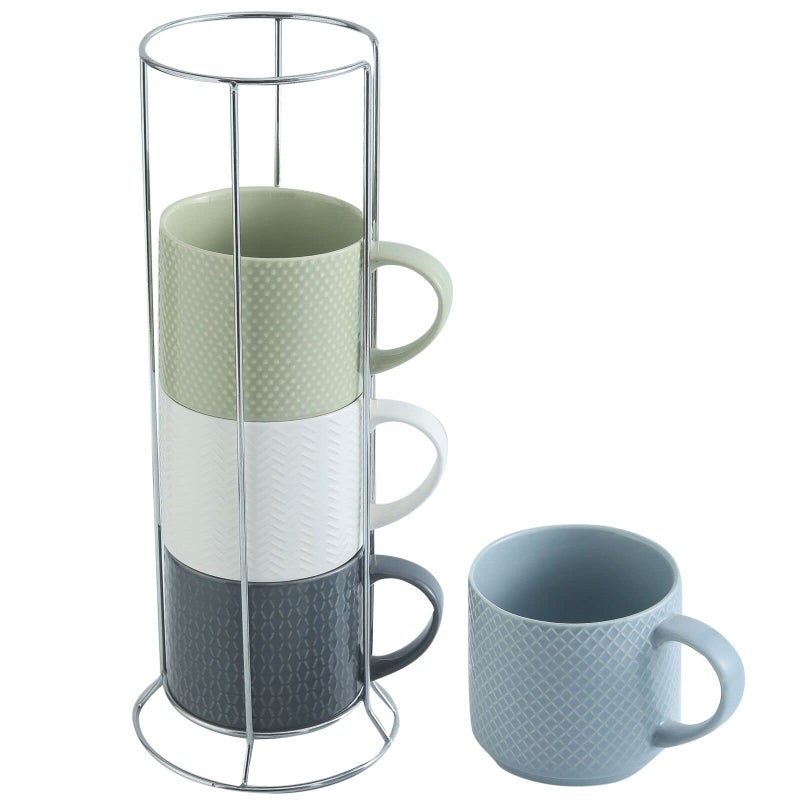 Hasense Coffee Mugs Stackable Porcelain Coffee Cups Gift Set of 4 with Metal Stand 15 Ounce Embossed Cappuccino Cups for Latte Hot Chocolate Cocoa Mocha and Tea Microwave Safe Multi Color