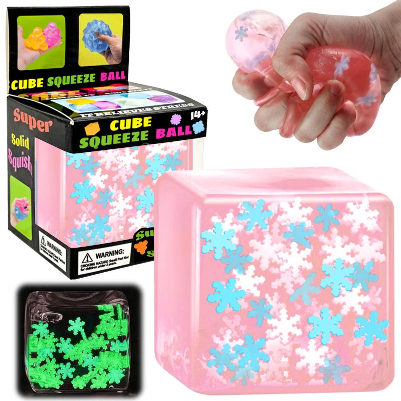 YVBBHE Pink Squeeze Cube with Glow in The Dark Snowflakes InsideSquishy Fidget Gummy Toys Luminous Sensory Toys for Kids Autism Maltose Balls for Anxiety Stress Relief Gifts for Kids - Image 3
