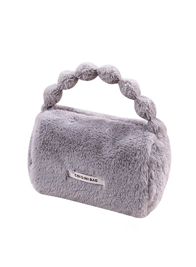 حقائب مستحضرات التجميل، حقيبة مكياج بسحاب، حقيبة تنظيم أدوات الزينة المحمولة للنساء، حقائب تخزين قطيفة كبيرة السعة للسفر، حقيبة حقيبة للعناية بالبشرة، حقيبة بمقبض لطيف (رمادي) - Image 1