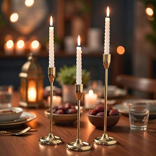BEHOMA Luxury Gold Candle Stick Holder | Metal Taper Candle Holders Elegant Décor for Tabletop,Valentine's Day, Birthday | Set of 3-Piece(S: 20.5 cm, M: 25.5 cm, L: 30.5 cm) (Candles Not Included) - Image 2