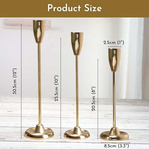 BEHOMA Luxury Gold Candle Stick Holder | Metal Taper Candle Holders Elegant Décor for Tabletop,Valentine's Day, Birthday | Set of 3-Piece(S: 20.5 cm, M: 25.5 cm, L: 30.5 cm) (Candles Not Included) - Image 4