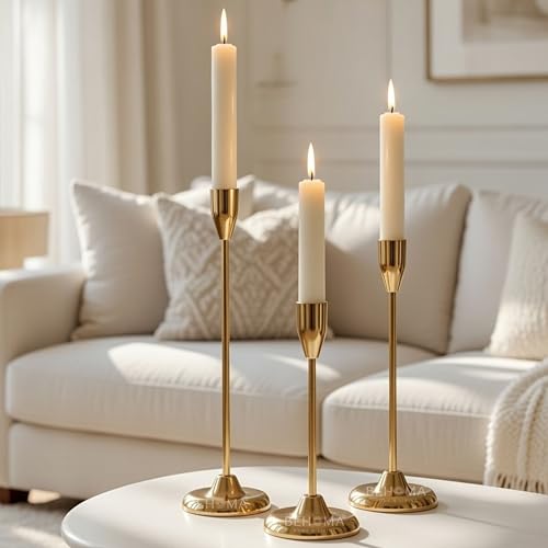 BEHOMA Luxury Gold Candle Stick Holder | Metal Taper Candle Holders Elegant Décor for Tabletop,Valentine's Day, Birthday | Set of 3-Piece(S: 20.5 cm, M: 25.5 cm, L: 30.5 cm) (Candles Not Included) - Image 1