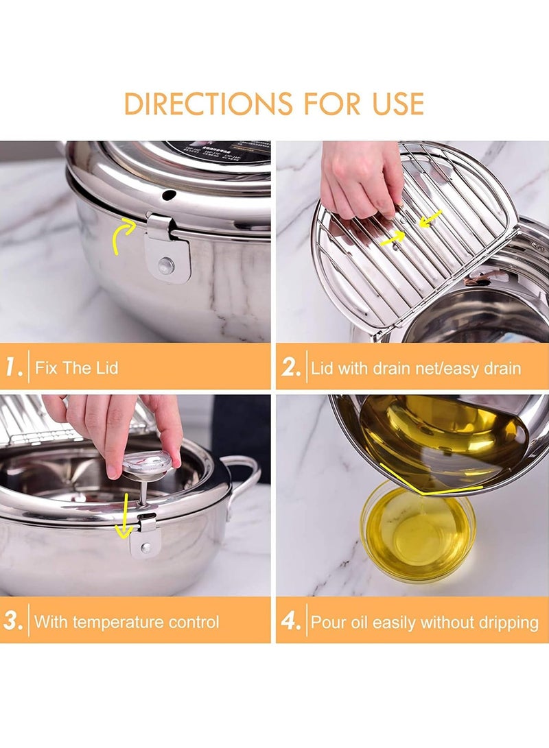 قدر للقلي عميق مصنوع من الفولاذ المقاوم للصدأ 304، مزود بميزان حرارة ورف لتصريف الزيت مع غطاء، مثالي لقلي أرجل الديك الرومي وأجنحة الدجاج والبطاطس المقلية - Image 5