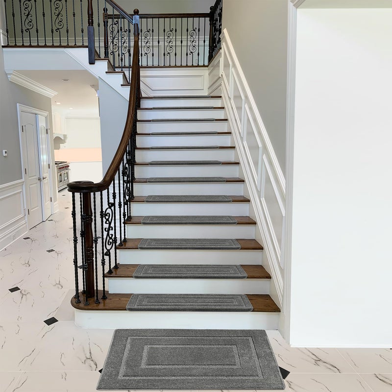 PURE ERA Bullnose Carpet Stair Treads Set Tape Free Non-Slip Indoor Stair Protectors Pet Friendly Rugs 9.5" x 30"(14 Pieces,Grey Rectangular) - Image 3
