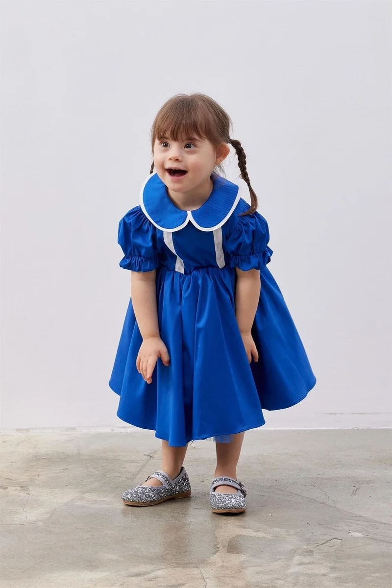 Fahhar Kids Children's Balloon Sleeve Fluffy Dress Blue
