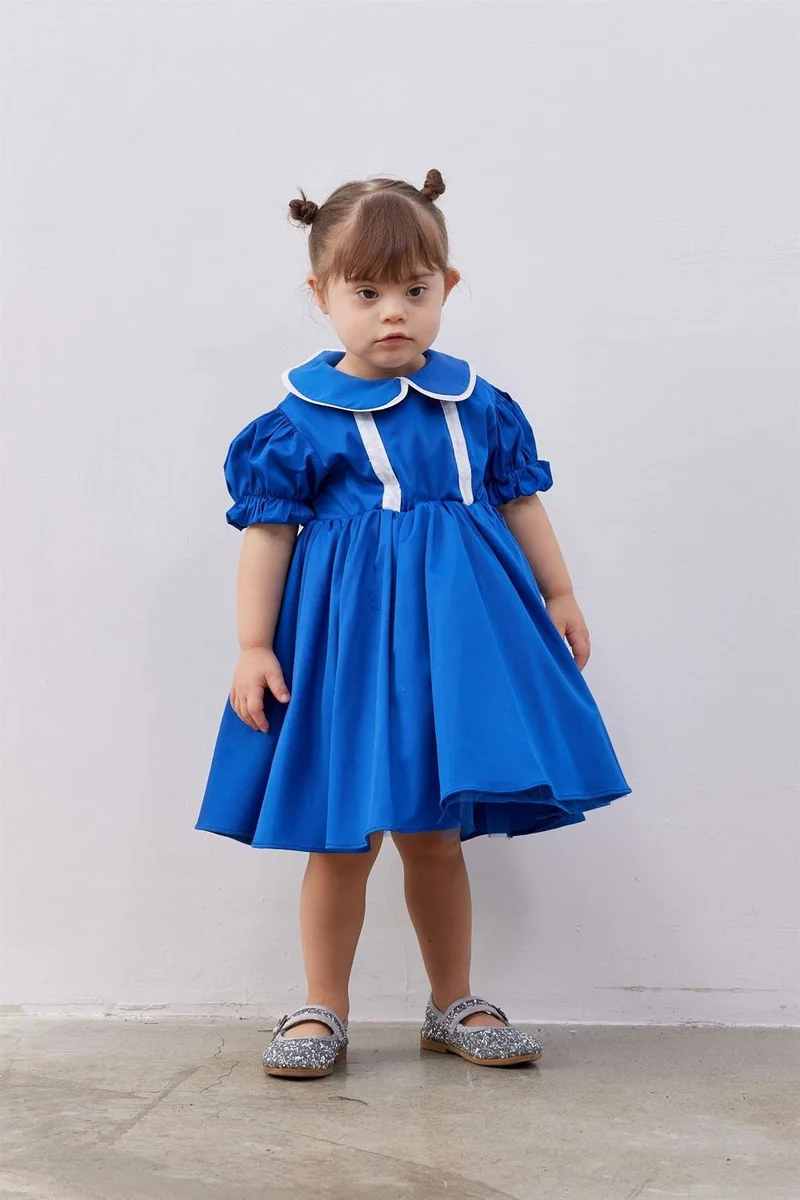 Fahhar Kids Children's Balloon Sleeve Fluffy Dress Blue
