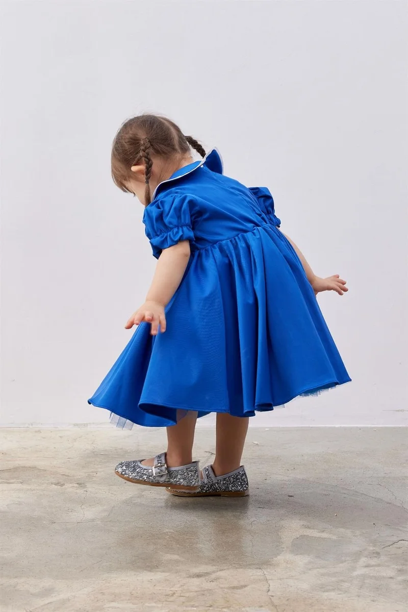 Fahhar Kids Children's Balloon Sleeve Fluffy Dress Blue
