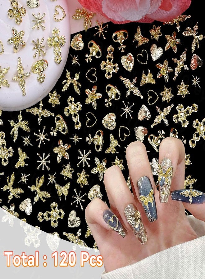 Uotey 120 Pcs Gold Nail Charms, Metal Star Heart 3D Golden Cross Flowers and Virgin Mary Charms for Acrylic Nails Y2K Chrome DIY Accessories - Image 3