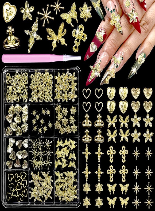 Uotey 120 Pcs Gold Nail Charms, Metal Star Heart 3D Golden Cross Flowers and Virgin Mary Charms for Acrylic Nails Y2K Chrome DIY Accessories - Image 1