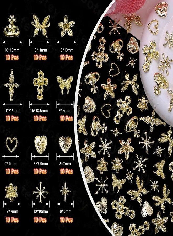 Uotey 120 Pcs Gold Nail Charms, Metal Star Heart 3D Golden Cross Flowers and Virgin Mary Charms for Acrylic Nails Y2K Chrome DIY Accessories - Image 2
