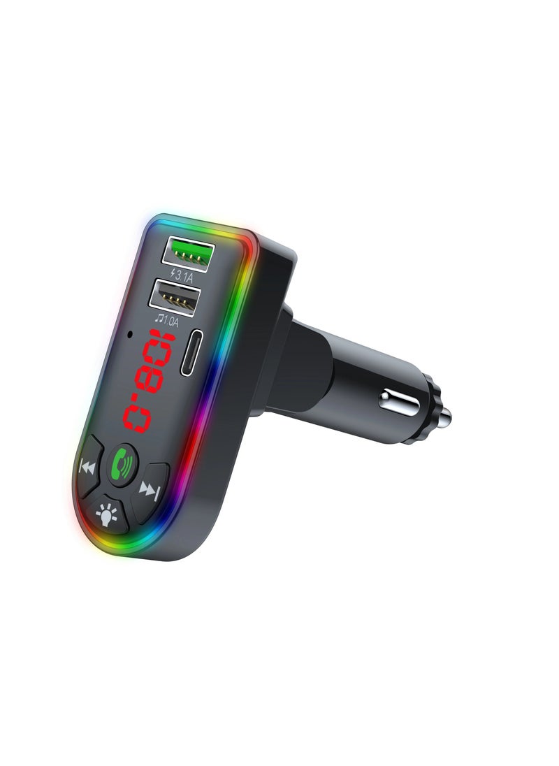 Generic Car Bluetooth FM Transmitter, Car FM Transmitter, Bluetooth 5.0 MP3 Player, USB Charger with Colourful Ambient Light and LED Screen, for Car  - Image 1