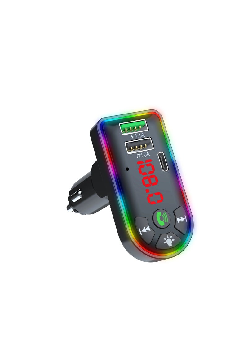 Car Bluetooth FM Transmitter, Car FM Transmitter, Bluetooth 5.0 MP3 Player, USB Charger with Colourful Ambient Light and LED Screen, for Car
