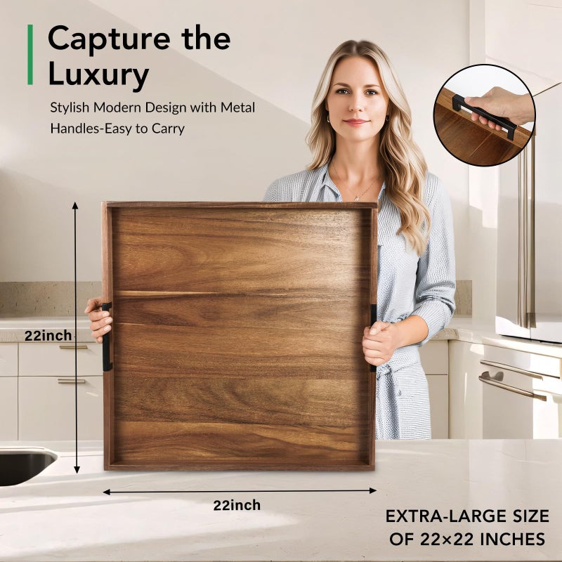 Joy&Grace Large Ottoman Tray for Living Room and Coffee Table, Decorative Acacia Wood Serving Tray with Handles for Breakfast in Bed, Dinner Food Kitchen TV (Natural, 22" x 22" x 2") - Image 2