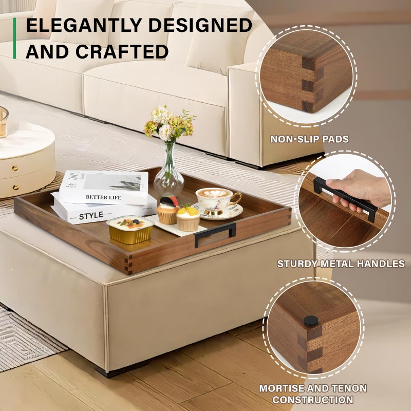 Joy&Grace Large Ottoman Tray for Living Room and Coffee Table, Decorative Acacia Wood Serving Tray with Handles for Breakfast in Bed, Dinner Food Kitchen TV (Natural, 22" x 22" x 2") - Image 3