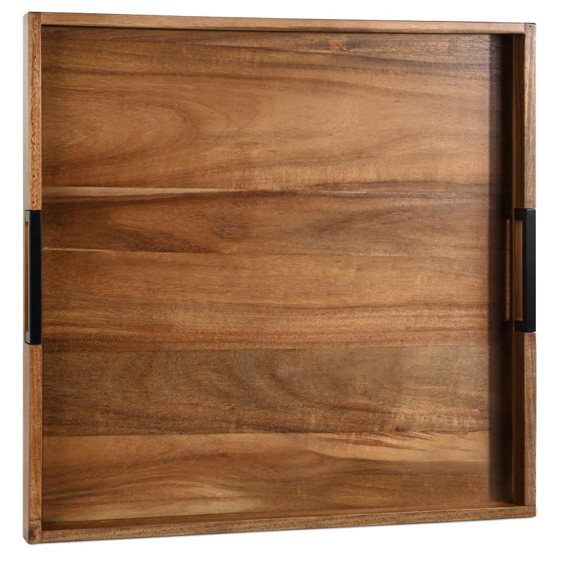 Joy&Grace Large Ottoman Tray for Living Room and Coffee Table, Decorative Acacia Wood Serving Tray with Handles for Breakfast in Bed, Dinner Food Kitchen TV (Natural, 22" x 22" x 2") - Image 1