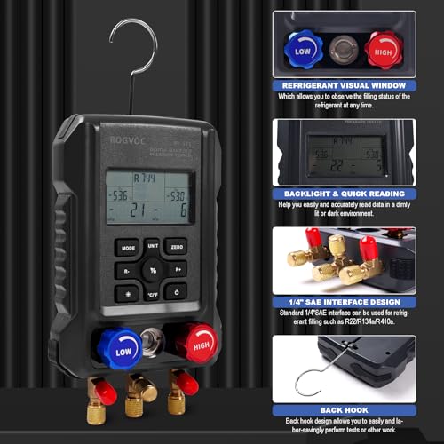 Rogvoc Digital Manifold Gauge, HVAC Refrigerants Digital AC Gauges Set with 2 Thermometer Clamps and 3 Hoses, for R22/R410A/R134A/1234YF Refrigerant Recharge Kit - Image 3