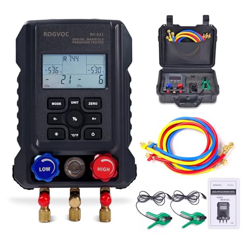 Rogvoc Digital Manifold Gauge, HVAC Refrigerants Digital AC Gauges Set with 2 Thermometer Clamps and 3 Hoses, for R22/R410A/R134A/1234YF Refrigerant Recharge Kit - Image 1