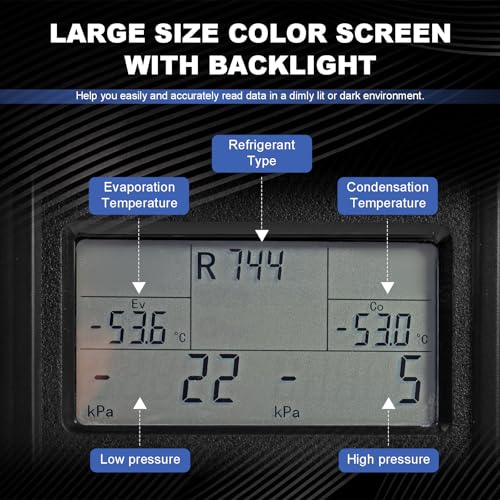 Rogvoc Digital Manifold Gauge, HVAC Refrigerants Digital AC Gauges Set with 2 Thermometer Clamps and 3 Hoses, for R22/R410A/R134A/1234YF Refrigerant Recharge Kit - Image 4