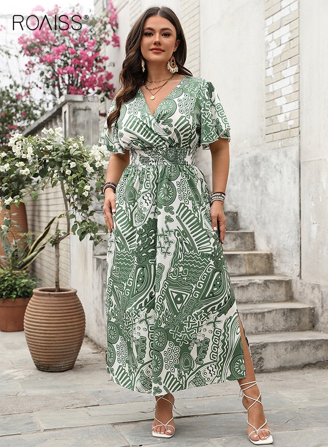 roaiss Women's Printed High Waist Short Sleeve Dress Ladies Casual Party Wear Comfortable Stretchy Fabric Fashionable Trendy Outfit Green - Image 1