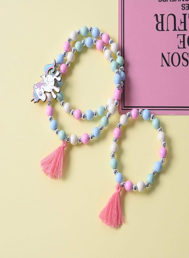 El Regalo Kids/Toddlers/Girls Wooden Beads Handmade Necklace & Bracelet Jewelry Sets (1 Necklace & 1 Bracelet) : Kids Princess Jewelry Set (Unicorn Teasel Jewelry Set) - Image 3