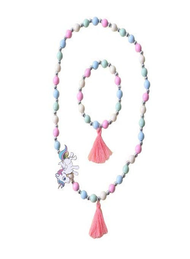 El Regalo Kids/Toddlers/Girls Wooden Beads Handmade Necklace & Bracelet Jewelry Sets (1 Necklace & 1 Bracelet) : Kids Princess Jewelry Set (Unicorn Teasel Jewelry Set) - Image 1