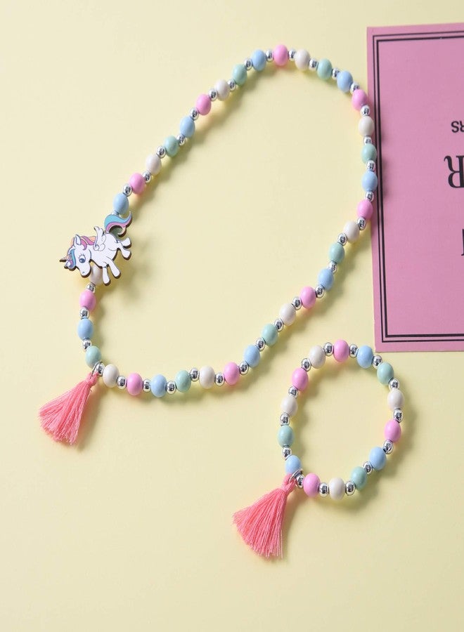El Regalo Kids/Toddlers/Girls Wooden Beads Handmade Necklace & Bracelet Jewelry Sets (1 Necklace & 1 Bracelet) : Kids Princess Jewelry Set (Unicorn Teasel Jewelry Set) - Image 2