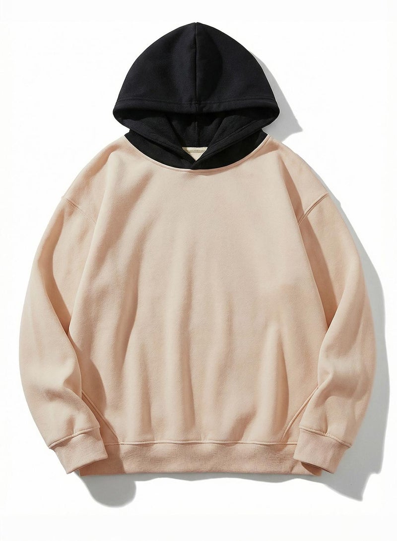 trendyol Beige-Black Oversize/Wide Cut Hooded Sweatshirt with Inner Ribbing - Image 1