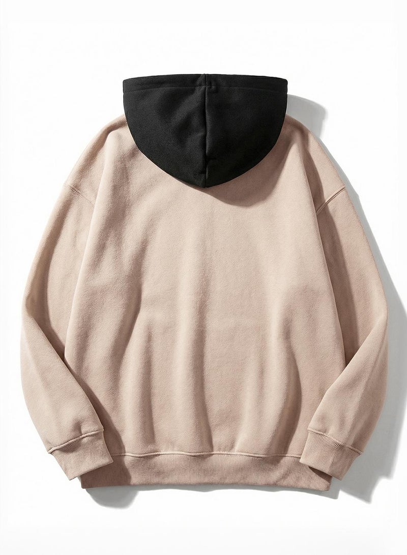 trendyol Beige-Black Oversize/Wide Cut Hooded Sweatshirt with Inner Ribbing - Image 2