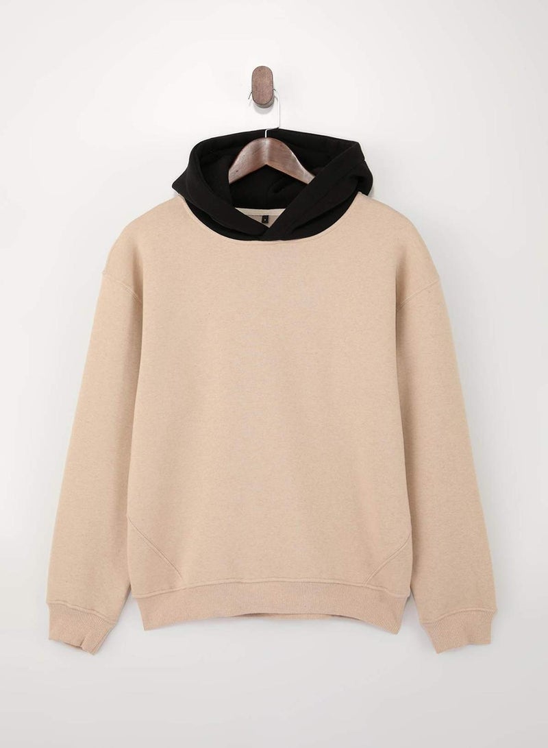 trendyol Beige-Black Oversize/Wide Cut Hooded Sweatshirt with Inner Ribbing - Image 3