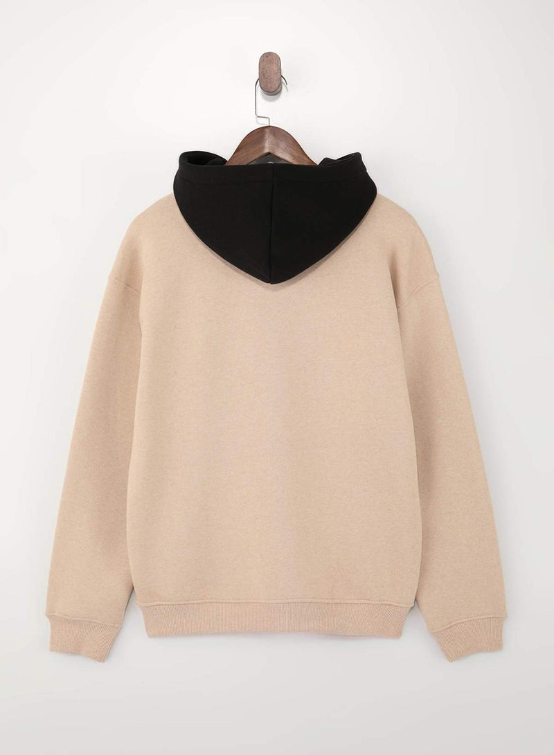 trendyol Beige-Black Oversize/Wide Cut Hooded Sweatshirt with Inner Ribbing - Image 4