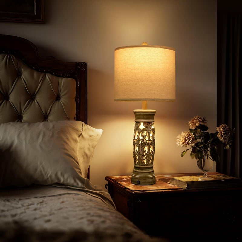 BOBOMOMO 27.25â€ Rustic Farmhouse Table Lamps Set of 2 â€“ Vintage Bedside Lamps with Night Light & USB A+C Ports, Retro Lamps for Bedroom, Living Room, Entryway, Cozy Corner (Bulbs Included) - Image 2