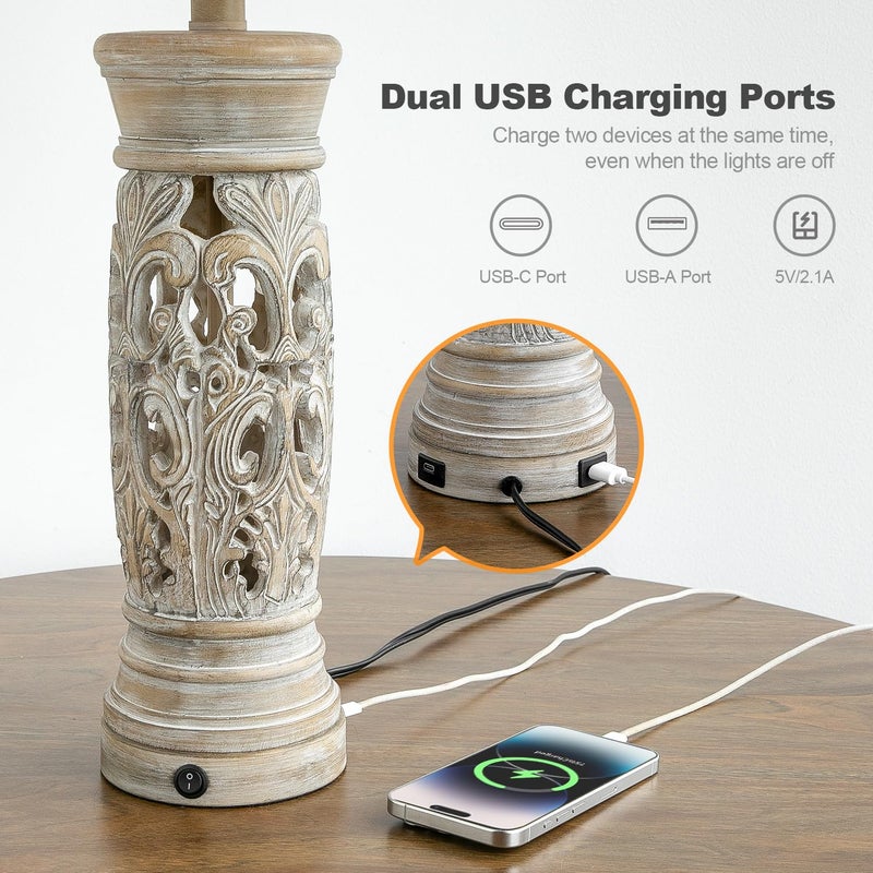 BOBOMOMO 27.25â€ Rustic Farmhouse Table Lamps Set of 2 â€“ Vintage Bedside Lamps with Night Light & USB A+C Ports, Retro Lamps for Bedroom, Living Room, Entryway, Cozy Corner (Bulbs Included) - Image 4