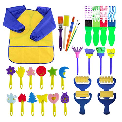 EVNEED Paint Sponges for Kids,29 pcs of Fun Paint Brushes for Toddlers.Coming with Roller,Flower Pattern Brush, Brush Set, Long Sleeve Waterproof Apron with 3 Roomy Pockets - Image 1