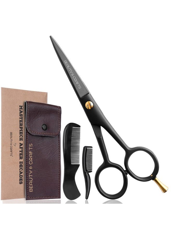 Beauty & Crafts 5'' German Beard Mustache Scissors - 2 Mustache Comb for Facial Hair with Beautiful Pouch - Beard Trimming Scissors Use for Grooming, Cutting, and Styling of Mustache (Black) - Image 1