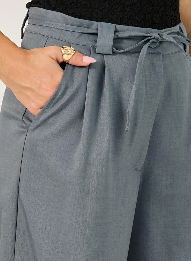Styli Wide Leg Pants with Pleats and String Tie Belt