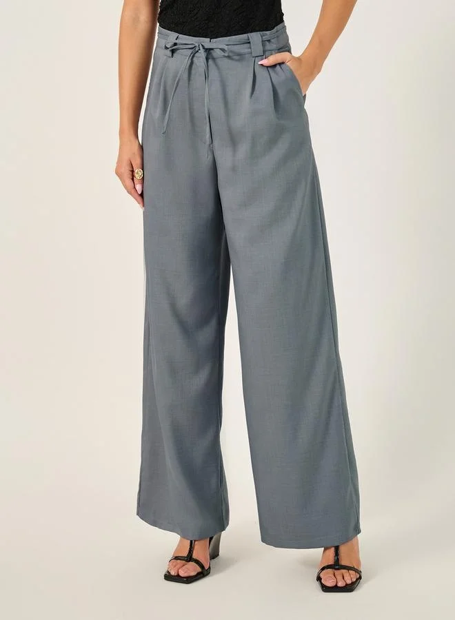 Styli Wide Leg Pants with Pleats and String Tie Belt