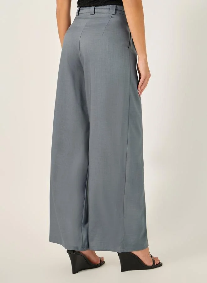 Styli Wide Leg Pants with Pleats and String Tie Belt
