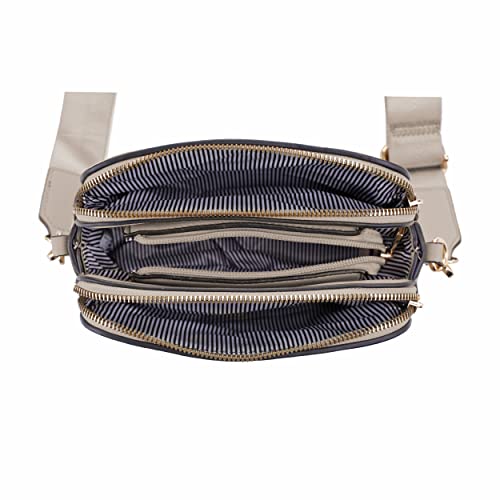 EVVE Triple Zip Small Crossbody Camera Bag with Wide Guitar Strap | Taupe - Image 5
