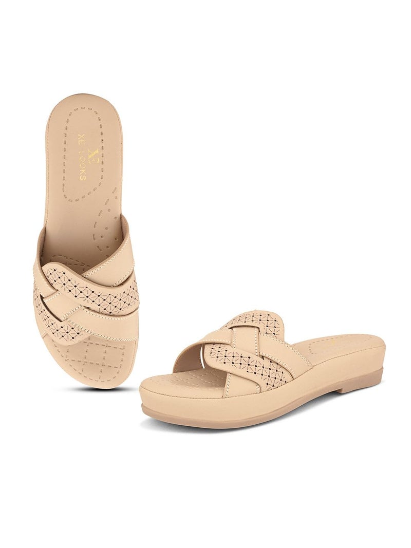 XE Looks Sleek Dark Cream Slip-On Sandals - Cross-Strap Perforated Comfort - Image 1