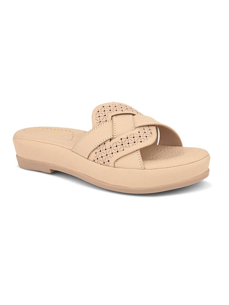 XE Looks Sleek Dark Cream Slip-On Sandals - Cross-Strap Perforated Comfort - Image 5