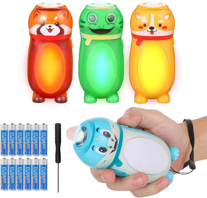 Hilngav 4 Pack Small Mini LED Flashlights for Kids Toddlers Cute Small Animal Flashlight 2 in 1 Camping Lantern Flashlight Christmas Gifts Stocking Stuffers for Girls Boys Party Favors