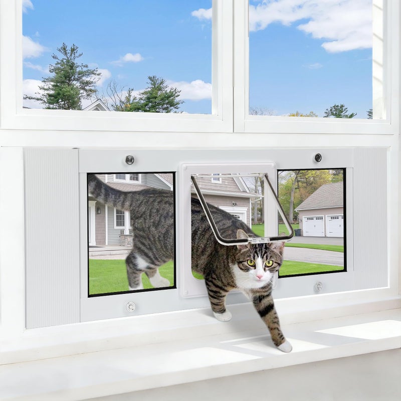 Lanmun Full Size Cat Door Window Insert, fits 23'â€˜-28â€™' Various Sliding Windows, 4 Flexible Locking Modes, High-Definition, high-Transparency cat Door for Windows, Magnetic Reset Design - Image 1